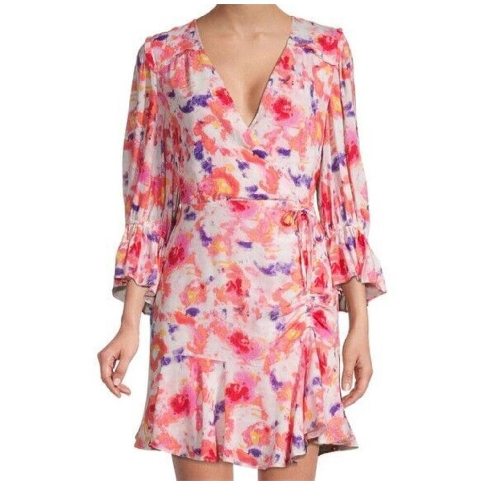 Betsey Johnson Faux Wrap Mini Dress Size 14 Pink Floral Sunset Resort Beach